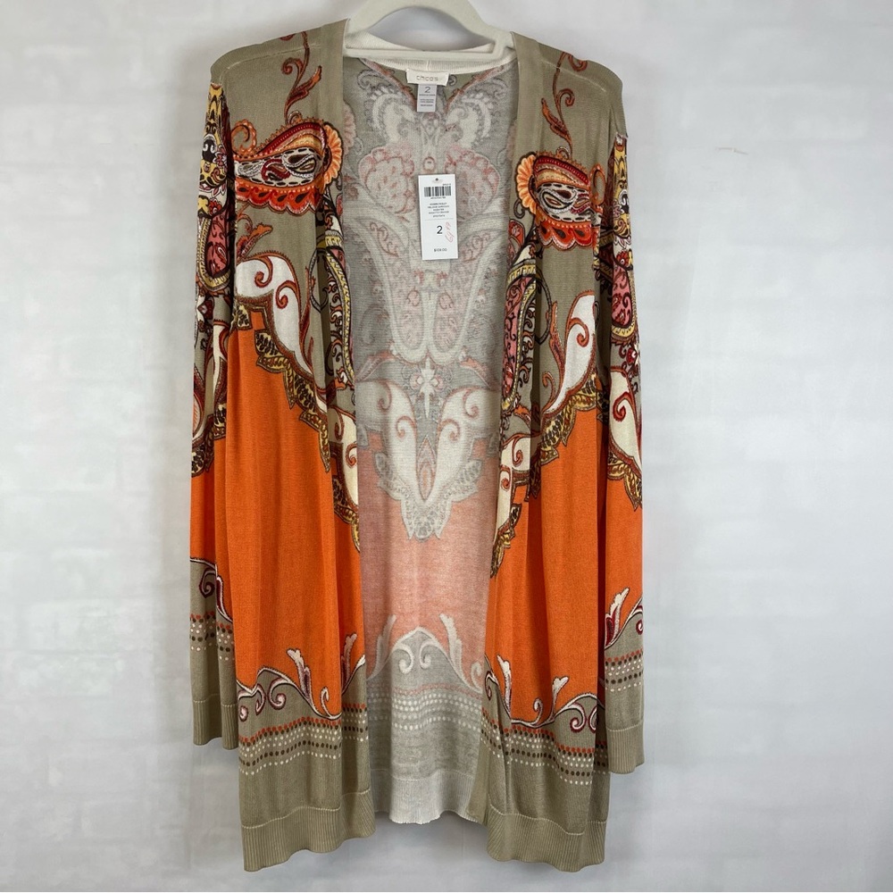 Chico’s Modern Paisley Melanie Cardigan Sweater‎ Size 2 Large Annatto Orange NWT